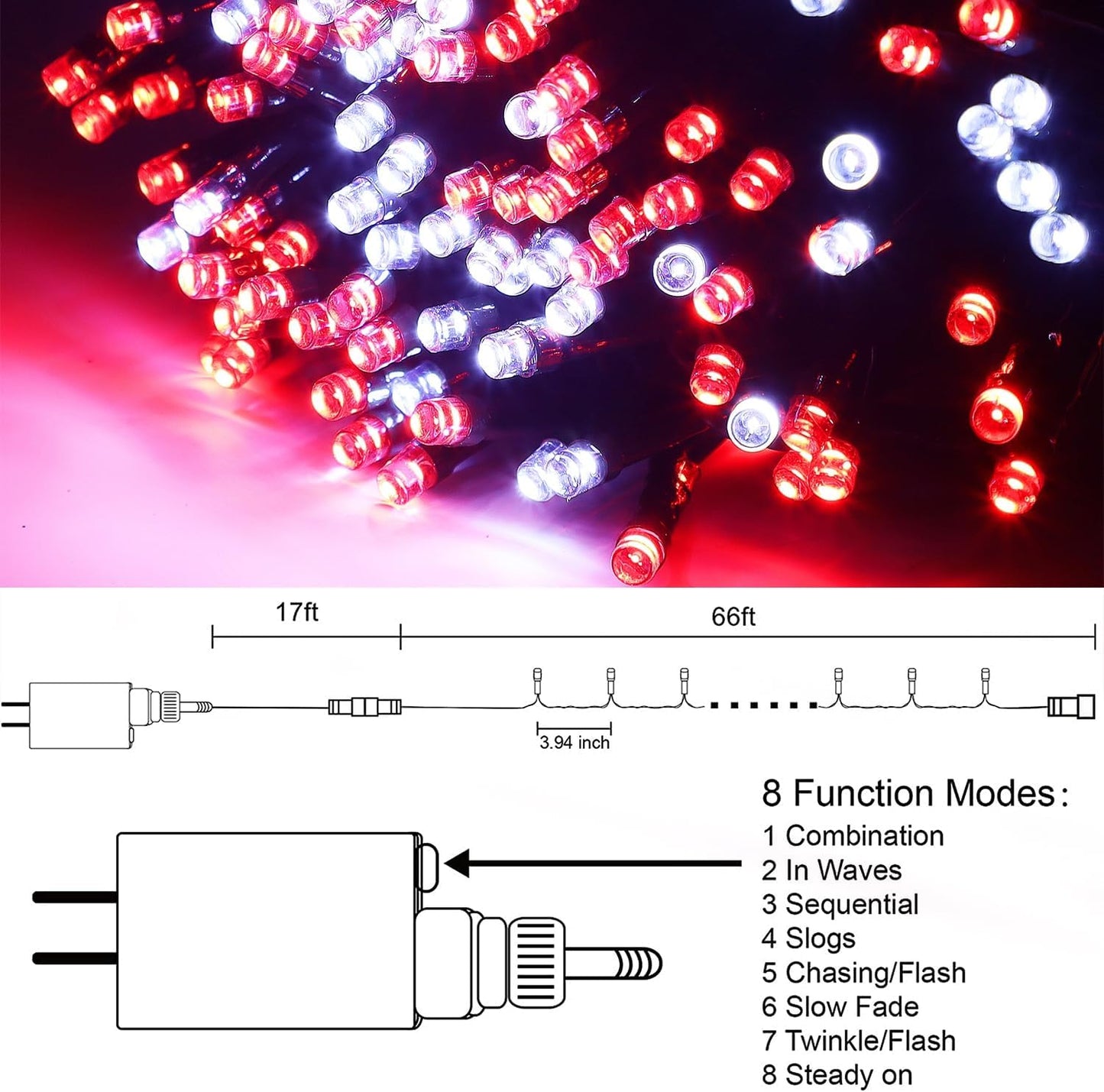 HOME LIGHTING 66ft Christmas Decorative Mini Lights, 200 LED Green Wire Fairy Starry String Lights Plug in, 8 Lighting Mode, for Indoor Outdoor Xmas Tree Wedding Party Garden Decoration (Red & White)