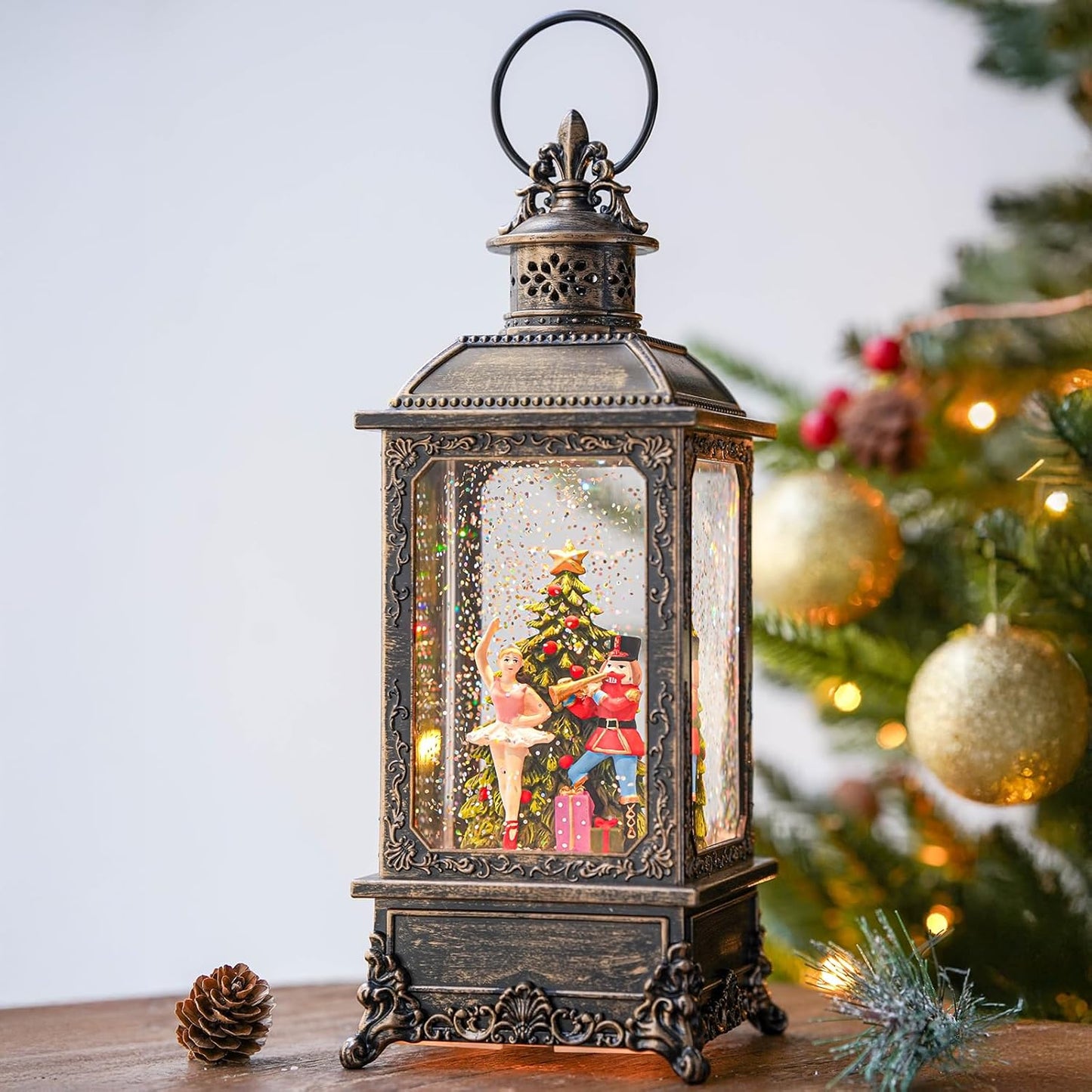 Christmas Snow Globe Lantern Water Glittering Nutcracker Ballerina with Music & Timer, USB Lined/Battery Operated Lighted Lantern for Christmas Festival Decoration Gifts