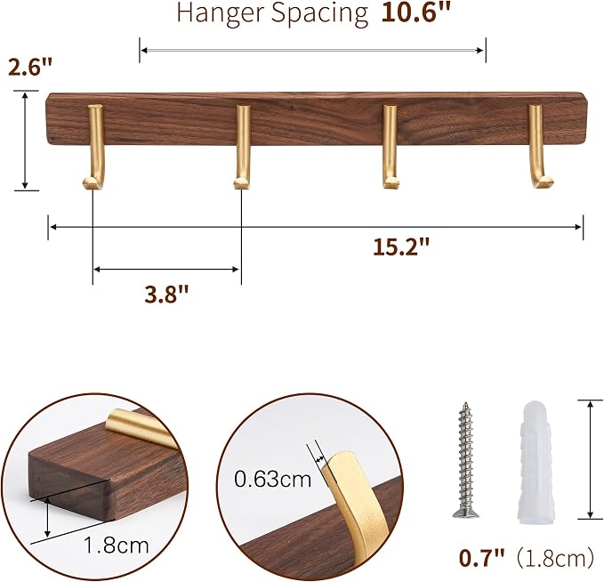 Wall Mounted Coat Rack, Entryway Hanging Coat Rack, Metal Wood Coat Rail with 4 Rustic Hooks Rail for Coat, Scarf, Bag, Towel, Key, Cap, Hat, Walnut Gold Matt