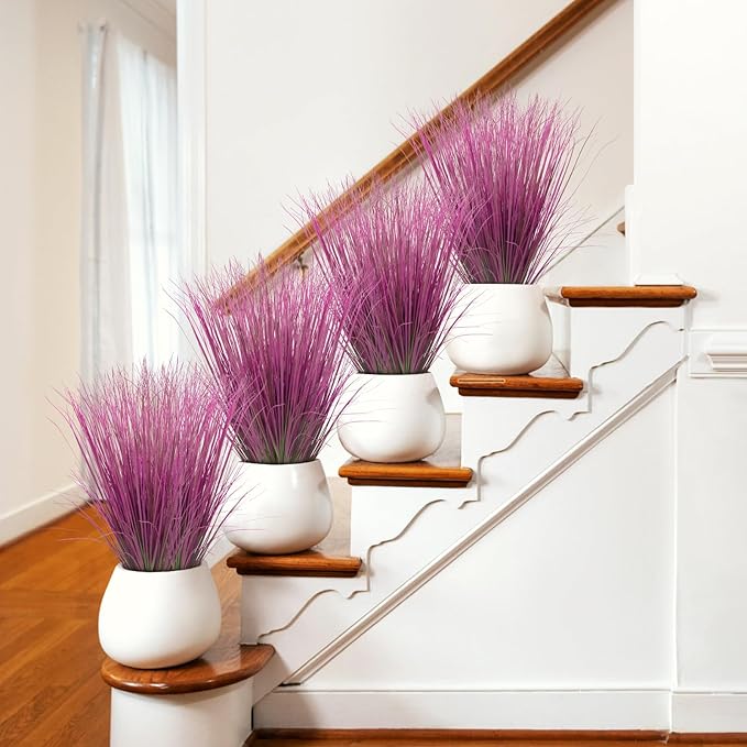 48 Bundles Artificial Grass Plants Outdoor Tall Faux Shrubs Greenery Stems Fake Onion Grasses Wheat UV Resistant for Outside Garden Indoor Office Home Decor（Pink）