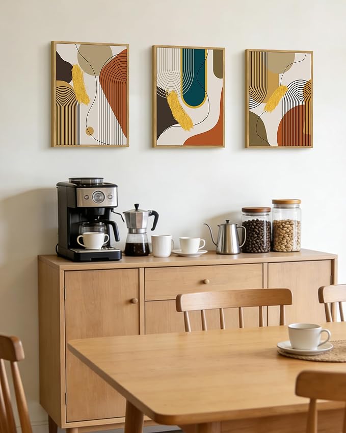 PHOPAGO Boho Abstract Framed Wall Art Mid-Century Modern Bohemain Minimalist Luxury Gold Line Artwork Kitchen Dining Room Decor - 11x14in Natural Framed