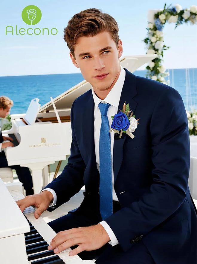 Alecono Boutonniere for Men, Set of 2 Navy Blue Corsages for Men Groom Bridegroom, Artificial Flowers for Prom Graduation Ceremony Anniversary