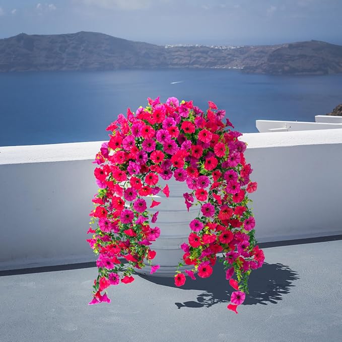 Fake Artificial Hanging Morning Glory Flowers for Outdoor Planters Porch Pation Decoration,2 Bundles UV Resistant Silk Faux Flowers with Realistic Eucalyptus Plants for Home Office Garden Decor