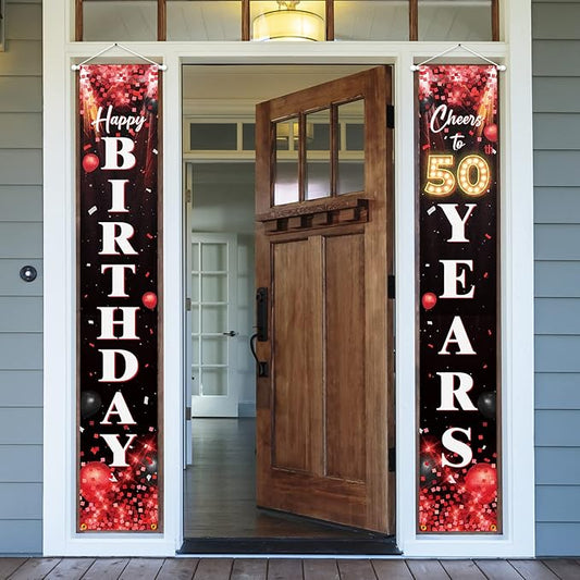 5665 Happy 50th Birthday Porch Sign Door Banner Decor Red and Black – Glitter Cheers to 50 Years Old Birthday Party Theme