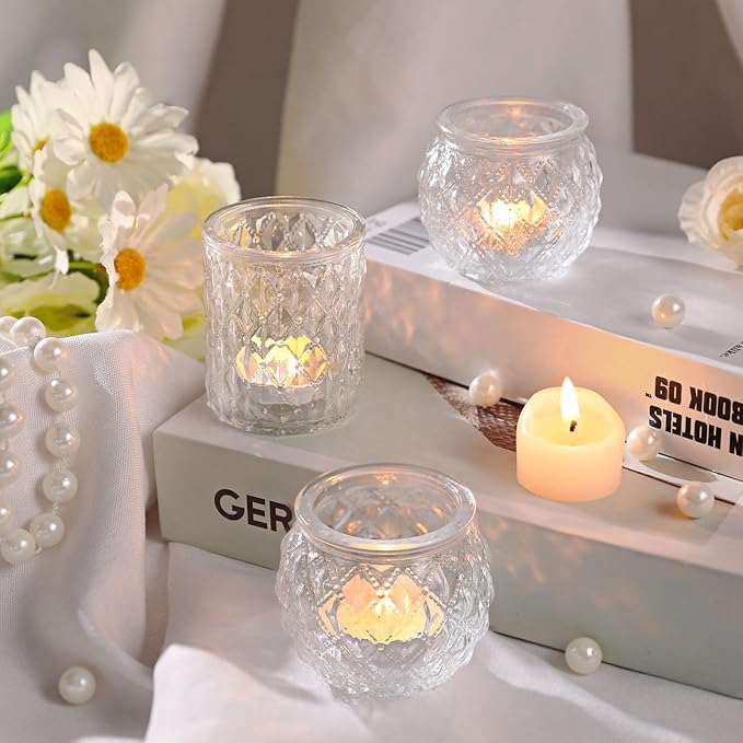 DARJEN Clear Votive Candle Holders Set of 24- Round Glass Candle Holders Bulk for Tea Light Candle, Embossed Candle Votives for Wedding Centerpiece, Various Parties & Home Decor