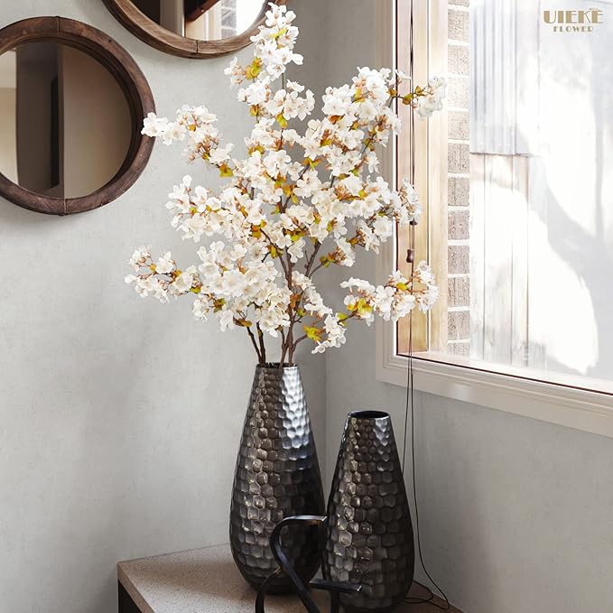 Uieke Silk White Cherry Blossom Branches, 39.3in Artificial Cherry Blossom Stems, Fake Plum Blossom Flowers Arrangement for Wedding Home Decor, Set of 8