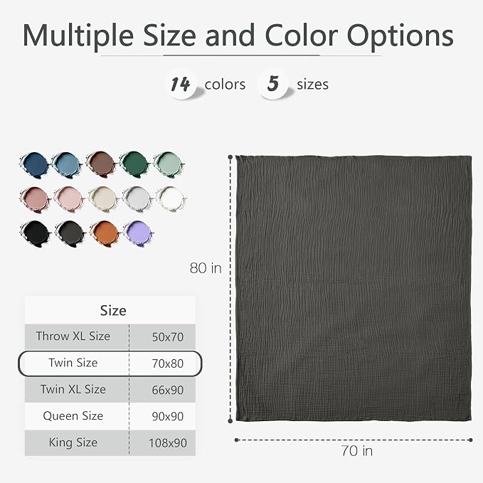 Carriediosa 100% Cotton Muslin Throw Blanket 70" X 80" Twin Size，4-Layers Summer Gauze Throws for Bed Couch，Soft Lightweight Breathable Linen Blankets Bedspread for Adults All Season，Dark Grey