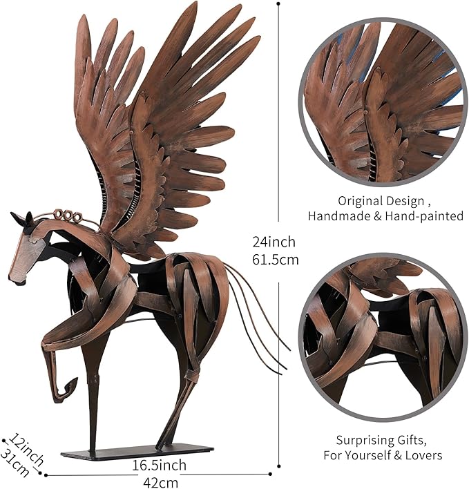 SunBlogs Art Horse Statue Décor Artwork, 24" H Handmade Metal Pegasus Greek Flying Horse Sculpture, Hand-Painted Animal Figurines for Home Living Room Office (Vintage Brown with Wings)