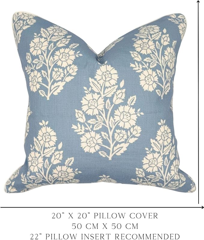 Jillien Harbor "The Hazel Bright Blue White Floral Pillow Cover Grandmillennial Home Decor Blockprint Pillow Cover 20" x 20"