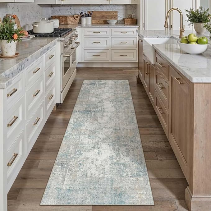 2x12 Washable Runner Rug Blue Cream Abstract Non Slip Soft Low Pile Hallway Kitchen Rug Neutral Modern Carpet for Laundry Bathroom Bedroom Living Room Home Decor