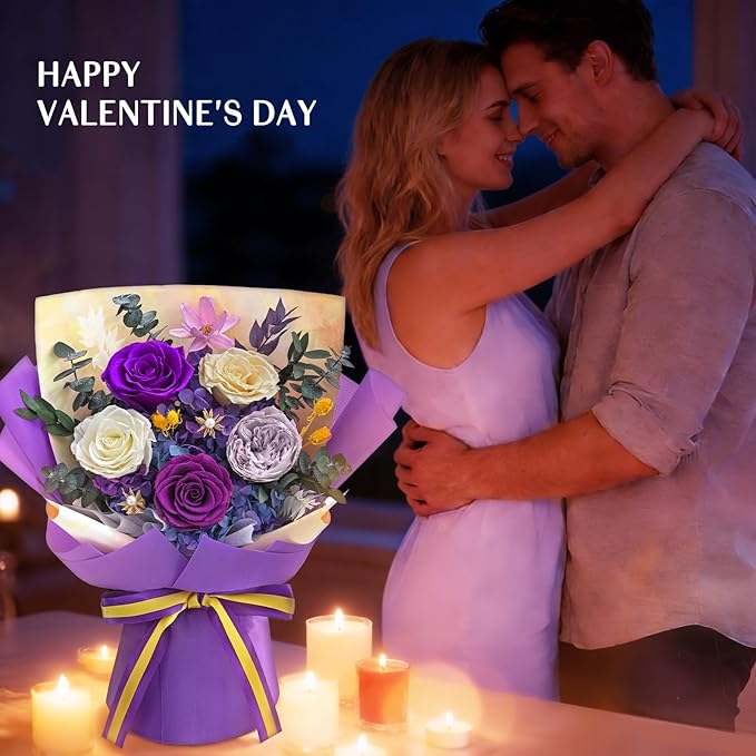 5 Pcs Glitter Purple Preserved Roses Flowers Bouquet, Forever Rose Flowers for Delivery, Birthday Gifts for Women, Long-Lasting Red Roses with Vase Gift Box, Forever Flowers for Wife Mothers Day