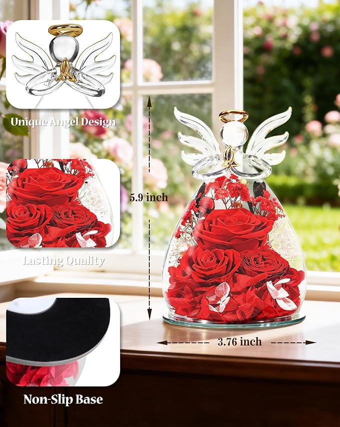 homeasy Flowers Gifts for Women Wife, Preserved Flowers Rose in Glass Angel Figurines, Birthday Anniversary Forever Fresh Flowers for Delivery Gift Box with 3D Card for Mom Her Girlfriend