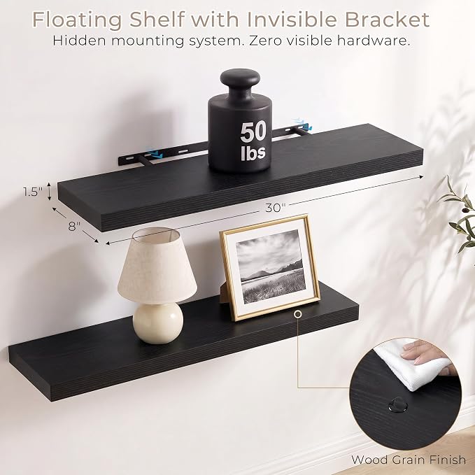 Vivelove Black Floating Shelves for Wall with Invisible Brackets, 30 Inch Floating Shelves for Kitchen Bedroom Bathroom Living Room Kitchen Office, 30”X 8" X 1.4", Set of 2 - Black