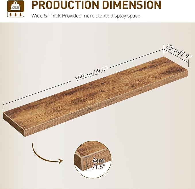 RALGEND Floating Shelves for Wall, 39.4" Long Wall Shelf Set of 3 with Invisible Bracket, 1.5" Thick Hanging Shelves Farmhouse Home Decor for Bathroom, Living Room, Bedroom Rustic Brown 10301BJP3BF