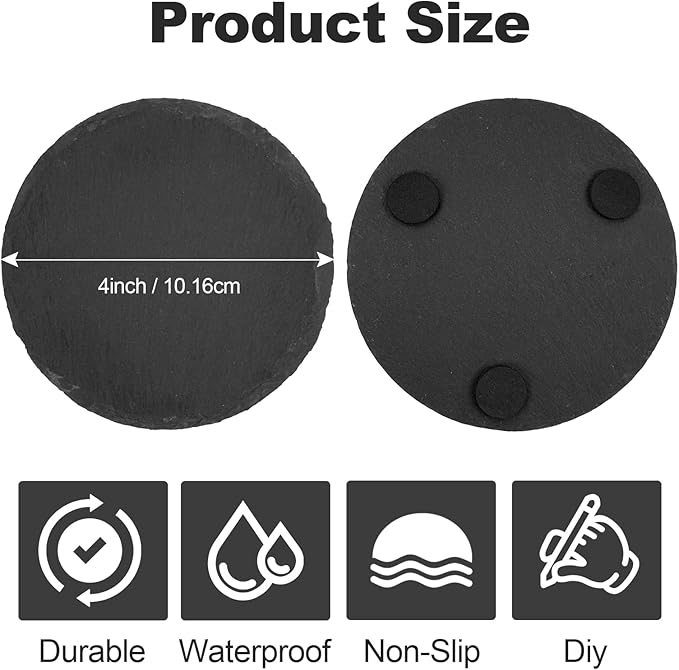 24 Pieces Slate Coasters. Dhfsleo 4 inch Black Coasters Stone Coaster Set,Laser Engraving Blanks with Anti-Scratch Bottom, Perfect for use in Your Home, Office, Kitchen,bar or Anywhere.Round