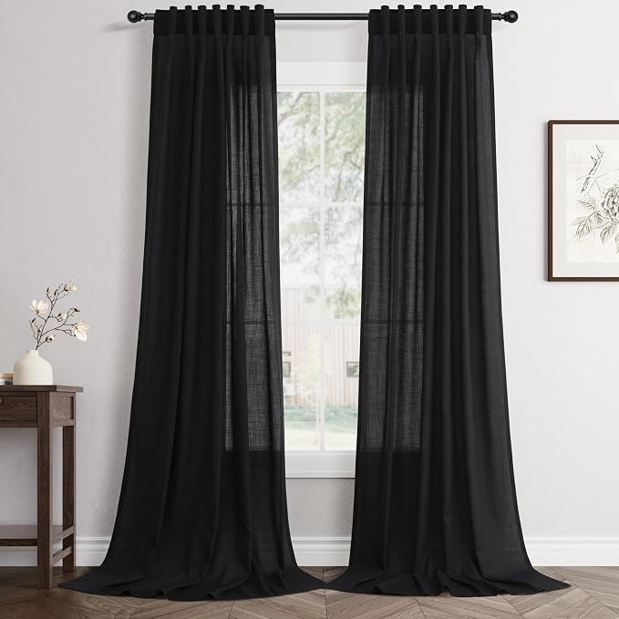 Jowels Black Linen Curtains 108 Inch Long 2 Panels for Living Room | Light Filtering Semi Sheer Curtain, Back Tab Pocket Pleated Look, Boho Farmhouse Textured Privacy Drapes for Bedroom Window