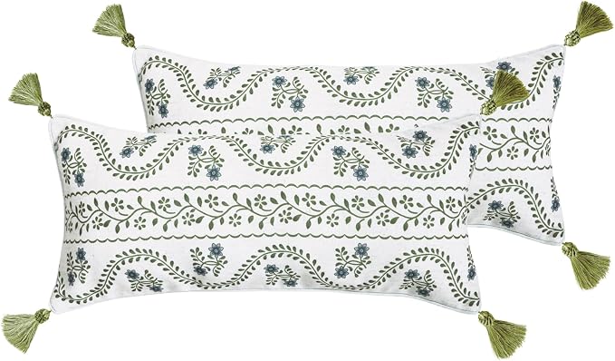 ISAENNE Designer Linen Throw Pillow Cover,Set of 2,28"x12"-Mosella D | Vintage Elegant Rectangle Decor Pillow Cover,Concealed Zipper Design,Floral Pattern,Sofa,Bedroom,Living Room,Lounge Chairs