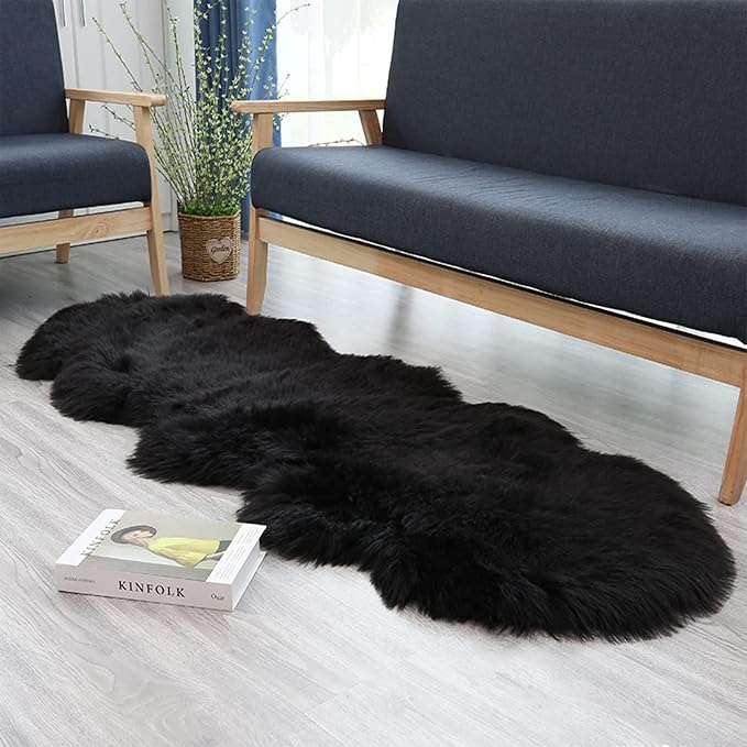 Faux Fur Sheepskin Runner Rug Black 2x6 ft Ultra Soft Shaggy Plush Fluffy Fuzzy Area Carpet Decorative Chair Cover Floor Mat for Bedroom Sofa Living Room Bedside