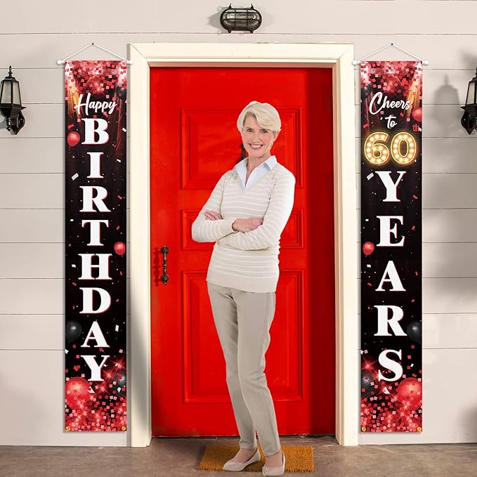 Happy 60th Birthday Porch Sign Door Banner Decor Red and Black – Glitter Cheers to 60 Years Old Birthday Party Theme Decorations for Men Women Supplies