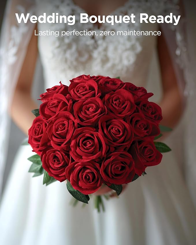 InnoGear 100 Pcs Red Roses Artificial Flowers, Fake Velvet Silk Rose Bulk Faux Flower for Decoration DIY Wedding Centerpieces Proposal Bridal Bouquets Shower Party Home Floral Decor (100, Red)