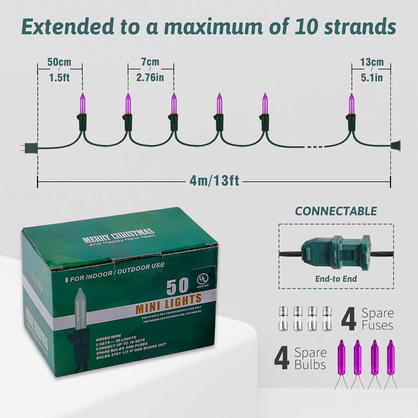 woohaha Outdoor Halloween Lights, 2PACK 13ft 50 Count Incandescent Blubs & Green Wire Mini Lights, 120V High-Voltage Connectable Light String, for Indoor Patio Garden Tree Party Decoration, Purple