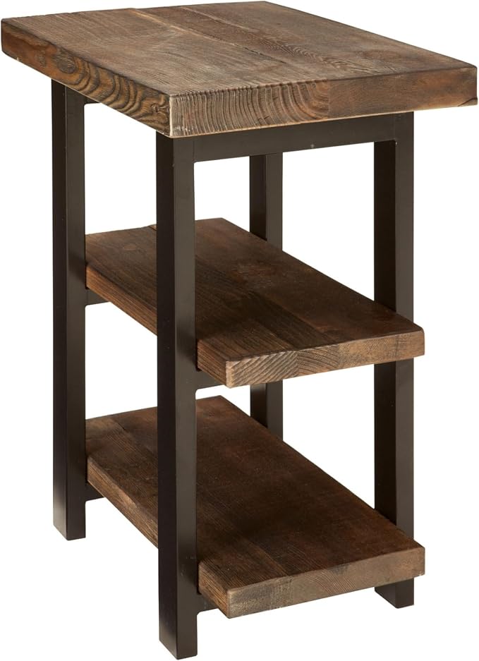 Alaterre Furniture Pomona Solid Wood 3-Tier End Table, Rustic Brown, 20” | Small Side Table or Nightstand with Storage Shelf and Metal Legs, Rustic Farmhouse Chair Side Table for Living Room & Bedroom