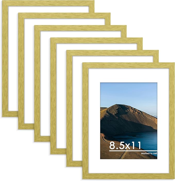 PEALSN 8.5 x 11 Picture Frame Set of 6, Display Pictures 6x8 with Mat or 8.5 x 11 without Mat for Wall Mounting Display, Photo Frames Collage for Wall Decor, Gold