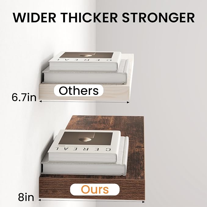 Fun Memories 24 Inch Floating Shelves - 8 Inch Deep Rustic Brown Wooden Wall Shelves - Extra Deeper & Thicker Wall Mounted Storage Shelf for Bedroom, Kitchen, Farmhouse, Brown - Set of 3