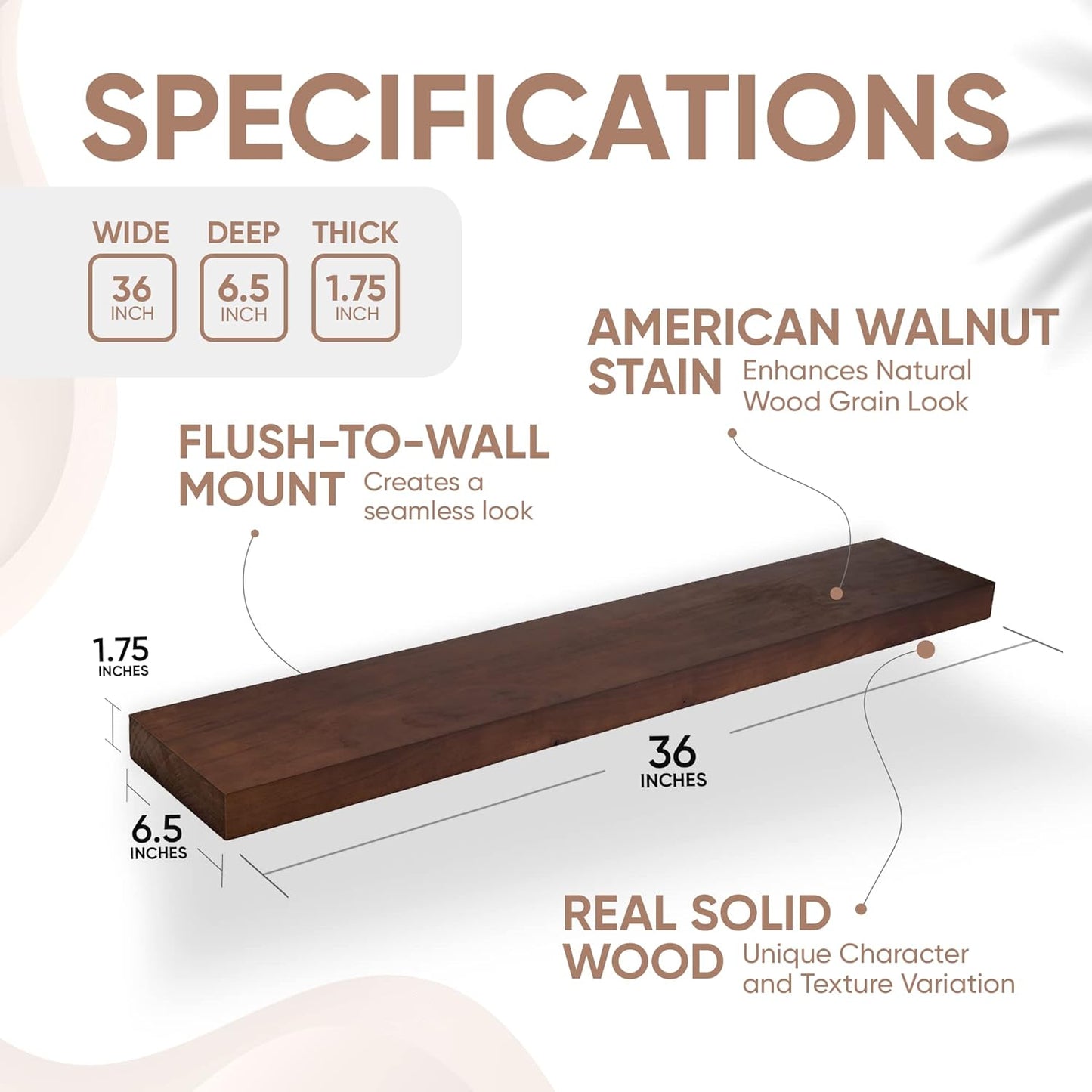 Homeforia Walnut 36 inch Floating Shelf, High End Solid Real Wood 36inch Large Shelves for Bathroom Wall, Dark Brown 36 inches Long Floating Shelves, Heavy Duty Bracket, 36 X 6.5 X 1.75 inch, Set of 2