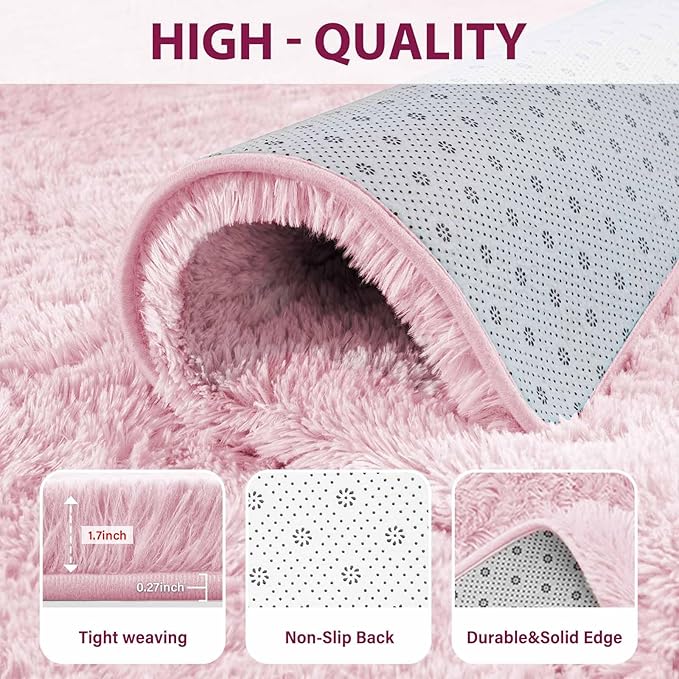 FinRèc Pink Rugs for Bedroom Living Room, 3x5 Feet Fluffy Shag Area Rug, Non-Slip Fuzzy Furry Rug for Kids Room Girl Dorm Room Home Decor, Indoor Shaggy Floor Carpet