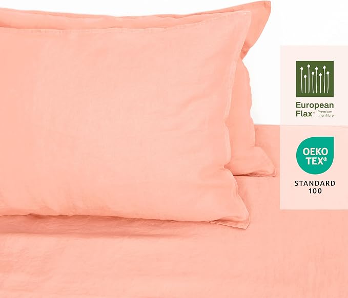 Linen World Linen Pillow Cases King Size - 20"x40" Set of 2,100% French Flax Pillowcase,Soft Breathable Natural Pillow Covers,Peach