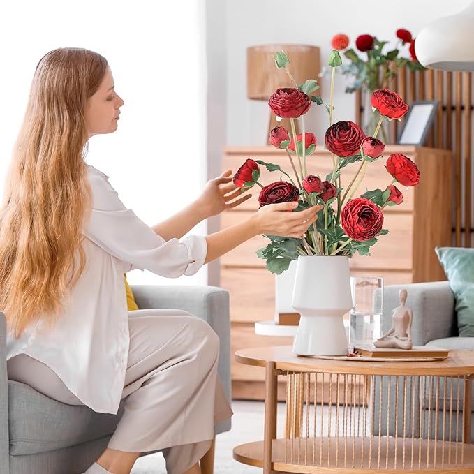 6Pcs Realistic Silk Red Ranunculus Artificial Flowers Long Stems, 23.6" Tall Fake Flowers Faux Flowers Suit for Year-Round Home Decoration, Wedding, Bridal Bouquets, Office