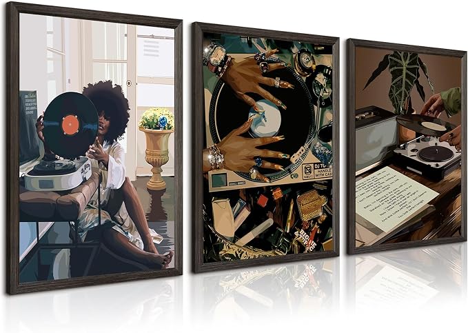 Black Woman Wall Art African American Women Canvas Wall Decor Black Girl Poster Fashion Female People Wall Art Feminine Abstract Pictures Boho Prints for Bedroom Bathroom 16x24 Inch Framed Set of 3