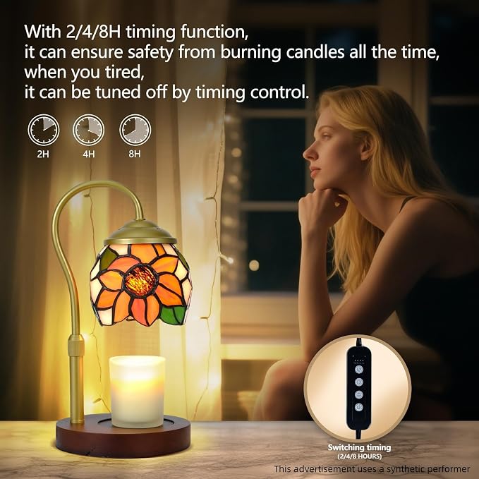Candle Warmer Lamp - Sunflower Tiffany Style Wood Base Timer | Rsbrillialite Sunflower Candle Warmer Lamp - Tiffany Style Stained Glass Decor with Timer for Room Aesthetic Gifts