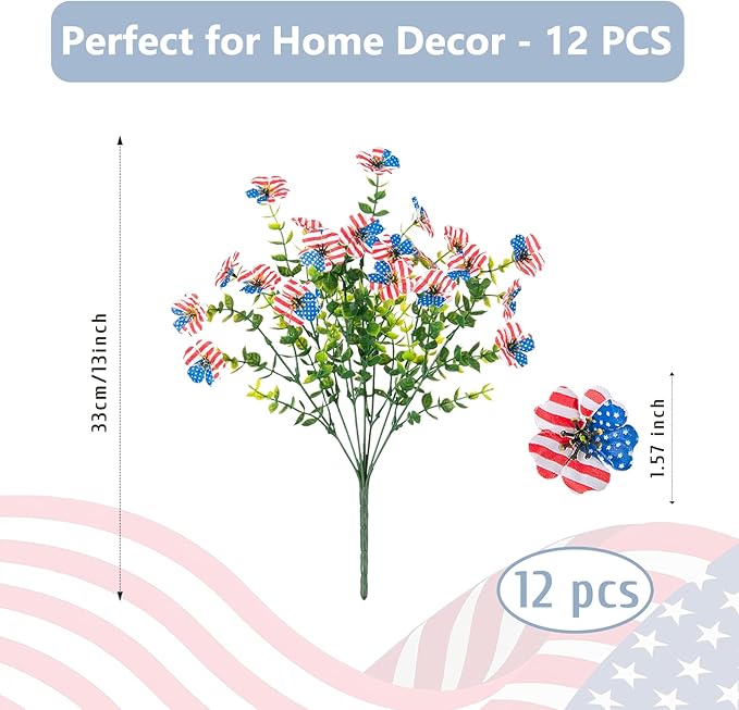 ADXORA 12 Bundles Artificial Flowers,Faux Plants for Spring Summer Decoration, UV Resistant Colorful Violets Eucalyptus for Outside Home Planter Porch Patio Yard Décor (Red,Blue,White)