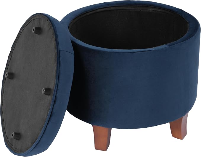 HomePop 19" Velvet Button Tufted Round Storage Ottoman - Navy Blue