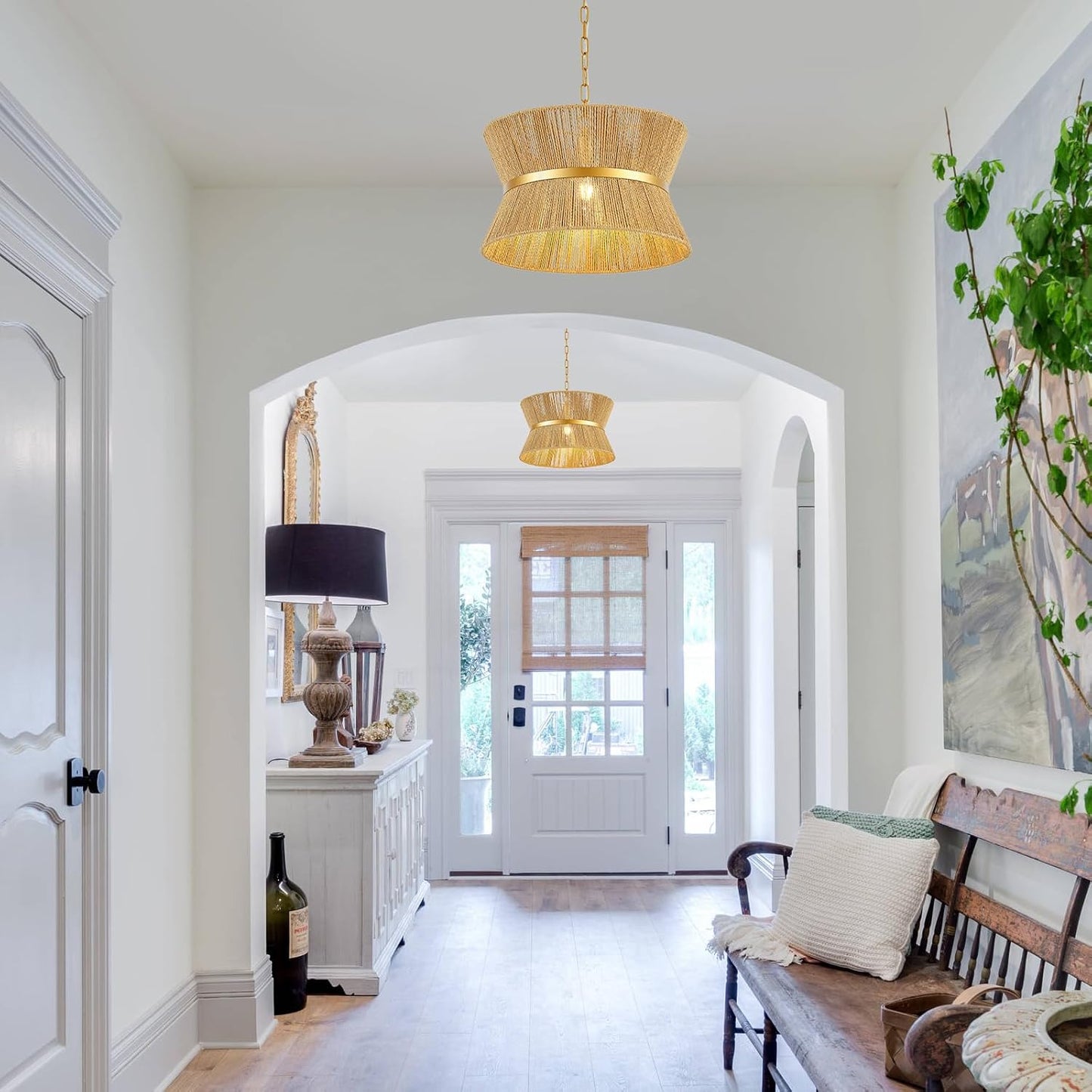 18” Hand Woven Rattan Boho Chandelier Brass Ajustable Pendant Light for Kitchen Island Living Room Bedroom Hallway, UL Listed