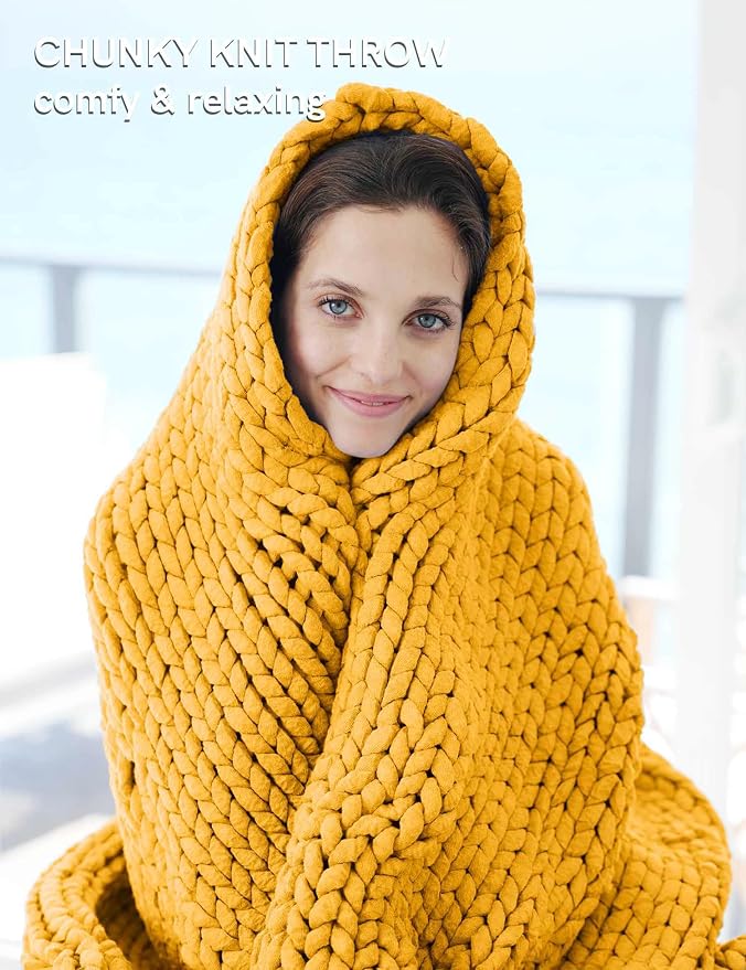 YnM Chunky Throw Blanket, Medium-Weight, Hand Knitted, Skin Friendly, Ventilated and Breathable, Machine Washable, Home Décor Piece for Couch, Sofa and Bed (Yellow Fusion, 60x80 Inch)
