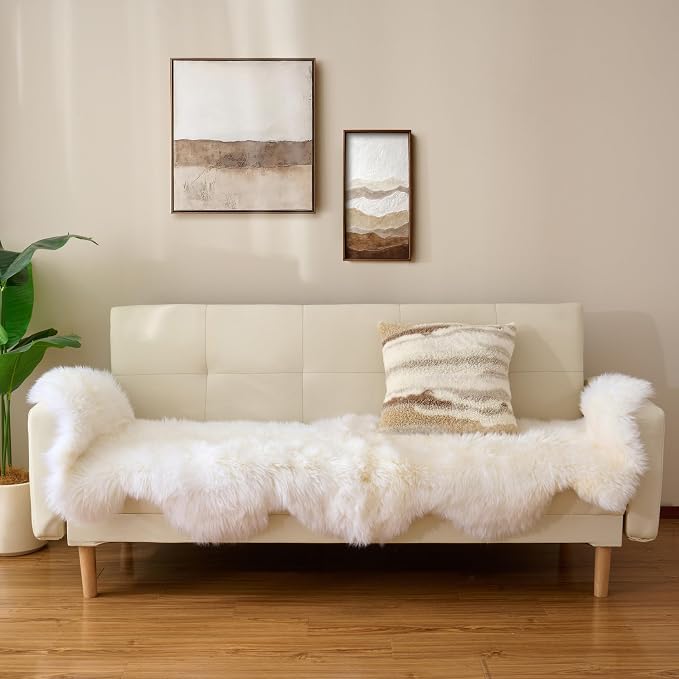 Premium Genuine Sheepskin Area Ruge - Real Wool Fur Shaggy Carpet | Fluffy Soft Natural Lambskin Rug Seat Chair Covers for Couch Sofa Bedroom Living Room(Ivory White,2×6 Feet Sheepskin)