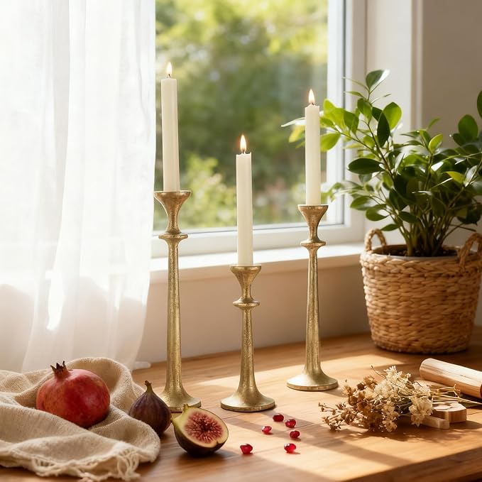 Gold Taper Candle Holders Set of 3 Heavy Cast Iron Antique Brass Candlestick Holder for Table Centerpiece Vintage Decorative Candelabra for Home Decor Fireplace Wedding Holiday Christmas Halloween