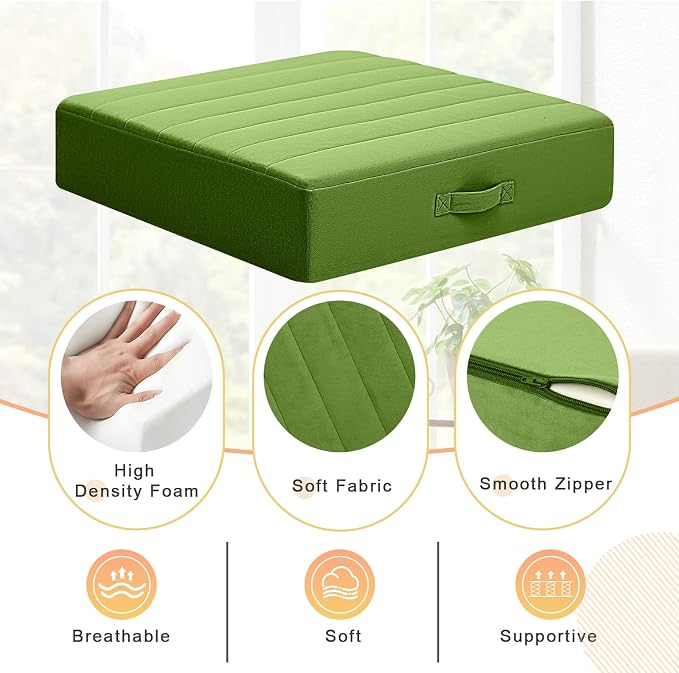 MeMoreCool Square Floor Pillow Seating for Adults Kids, Large Meditation Cushion Floor Pillow with Thick Foam & Soft Tufted Cover, Washable Big Pillow Seat Floor Cushion for Sitting Yoga 22" Green