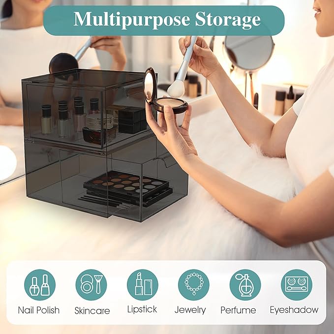 SpaceHacks 6 Pack Stackable Makeup Organizer and Storage, Acrylic Organizers，Clear Plastic Storage Drawer with Pull-Out Handles for Vanity, Undersink, Kitchen Cabinets, Pantry, Black