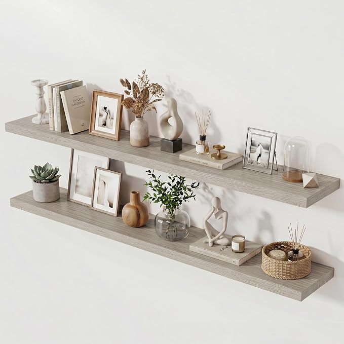 Acovy 72 Inch Long Floating Shelves for Wall Set of 2,12" Deep Wall Shelf,Large Floating Shelf with Invisible Brackets for Bedroom,Bathroom,Kitchen,Farmhouse Home Decor Display Bookshelf,Grey