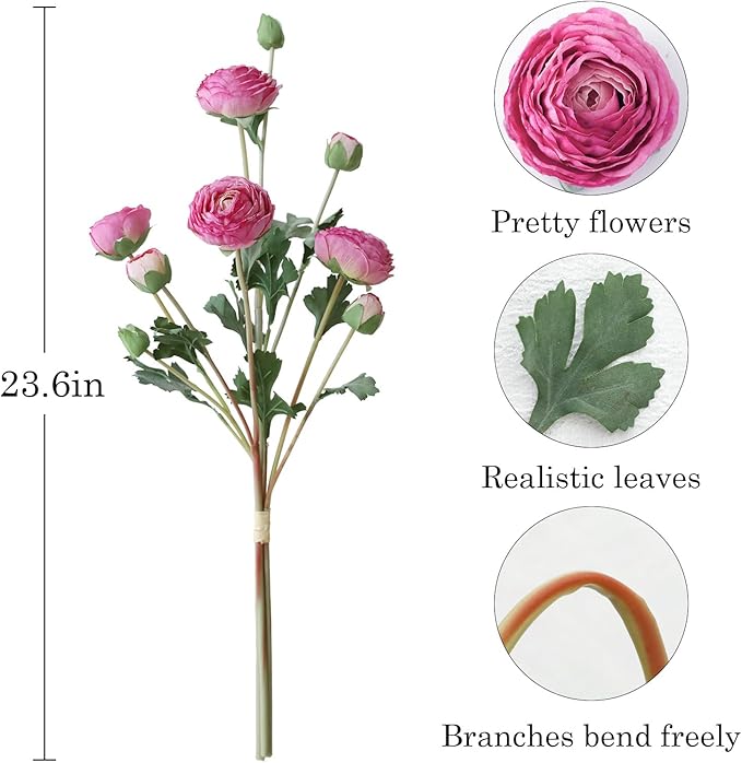 6Pcs Realistic Silk Purple Ranunculus Artificial Flowers Long Stems, 23.6" Tall Fake Flowers Faux Flowers Suit for Year-Round Home Decoration, Wedding, Bridal Bouquets, Office