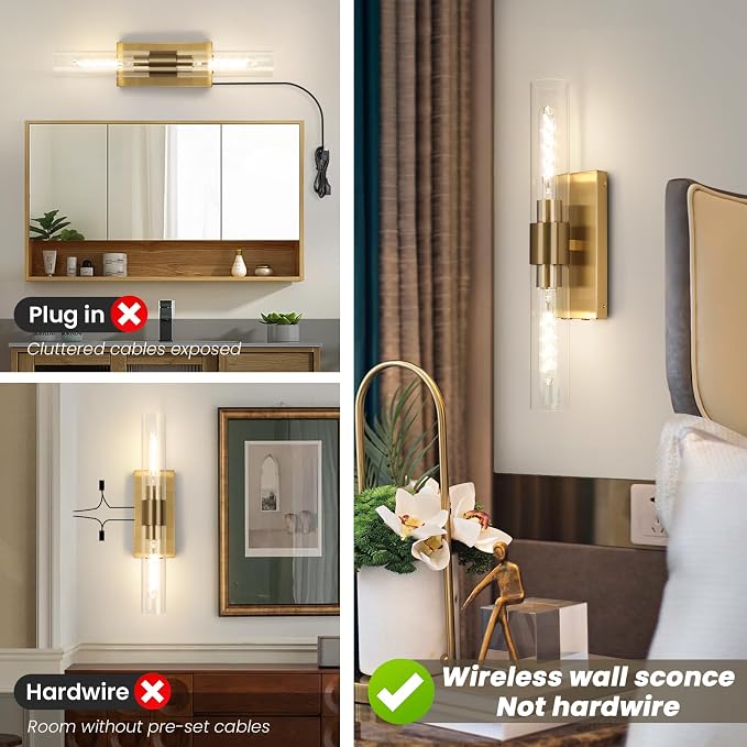 Battery Operated Wall Sconce Set of Two, Rechargeable Wall Sconce, Gold Wall Lamp with Remote Controls, Indoor Non-Hardwired Bedside Wall Sconces, Gold Vanity Light for Bedroom, Hallway, etc