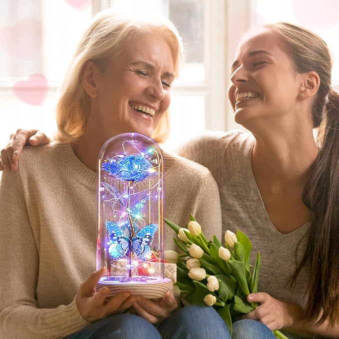 Beferr Birthday Gifts for Women Galaxy Glass Rose Forever Preserved Flowers for Delivery Light Up Rose in Glass Dome Mothers Day Butterfly Gifts for Mom Wife Grandma Her Daughter Girlfriend