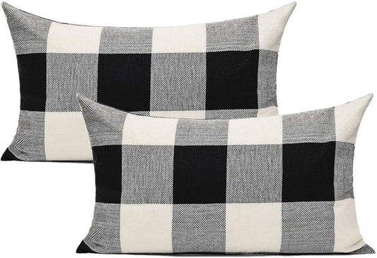 VAKADO 12x20 Set of 2 Black White Outdoor Throw Pillow Covers Buffalo Check Plaids Lumbar Farmhouse Retro Checkers Cotton Linen Cushion Cover Home Decor for Sofa Couch