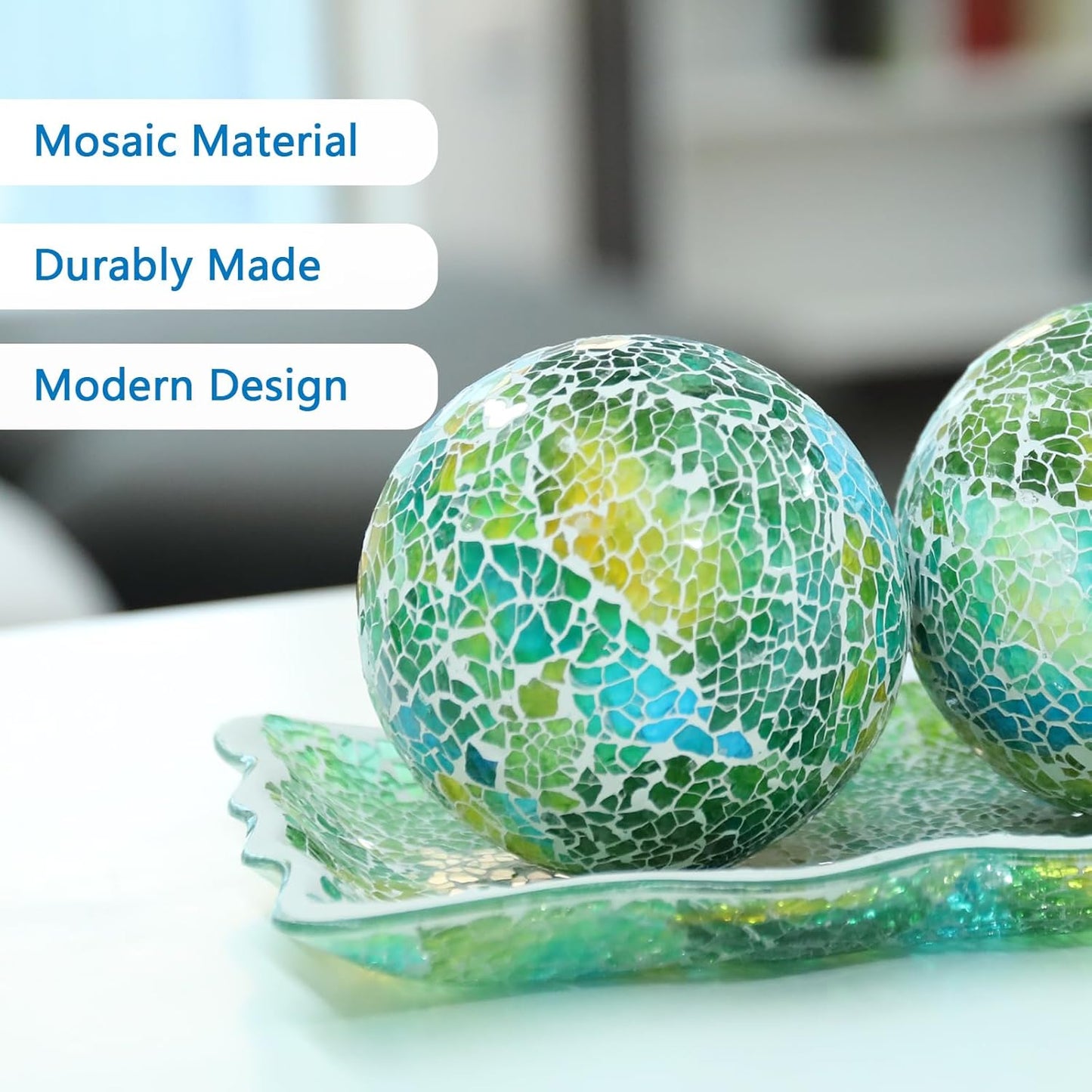 VCUTEKA Decorative Balls and Glass Bowl, 4 Inch Mosaic Sphere Balls Centerpiece Balls for Coffee Table, Home Decor, Wedding Party Decor, Green