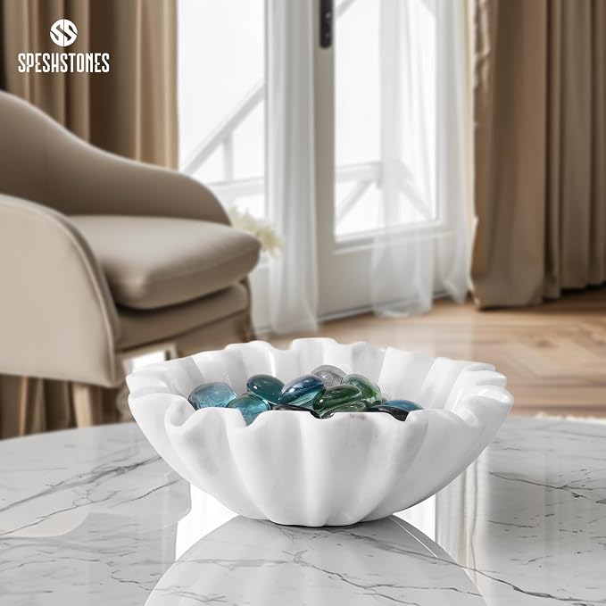 Marble Small Decorative Bowl 6 Inch Handmade White Ruffle Bowl, Scalloped Bowls for Table Centerpieces & Housewarming Gifts, Fluted Ring Dish, Fruit & Key Bowl for Entry Table