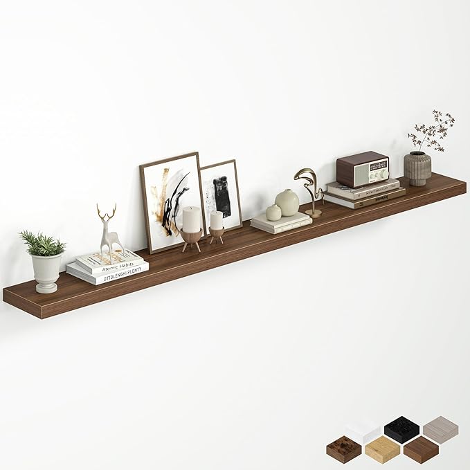Fun Memories 72 Inch Floating Shelves for Wall, 8 Inch Deep Wall Mounted Wood Shelves with Invisible Brackets for Bathroom, Bedroom & Kitchen Storage Decor, Walnut, 1 Pack